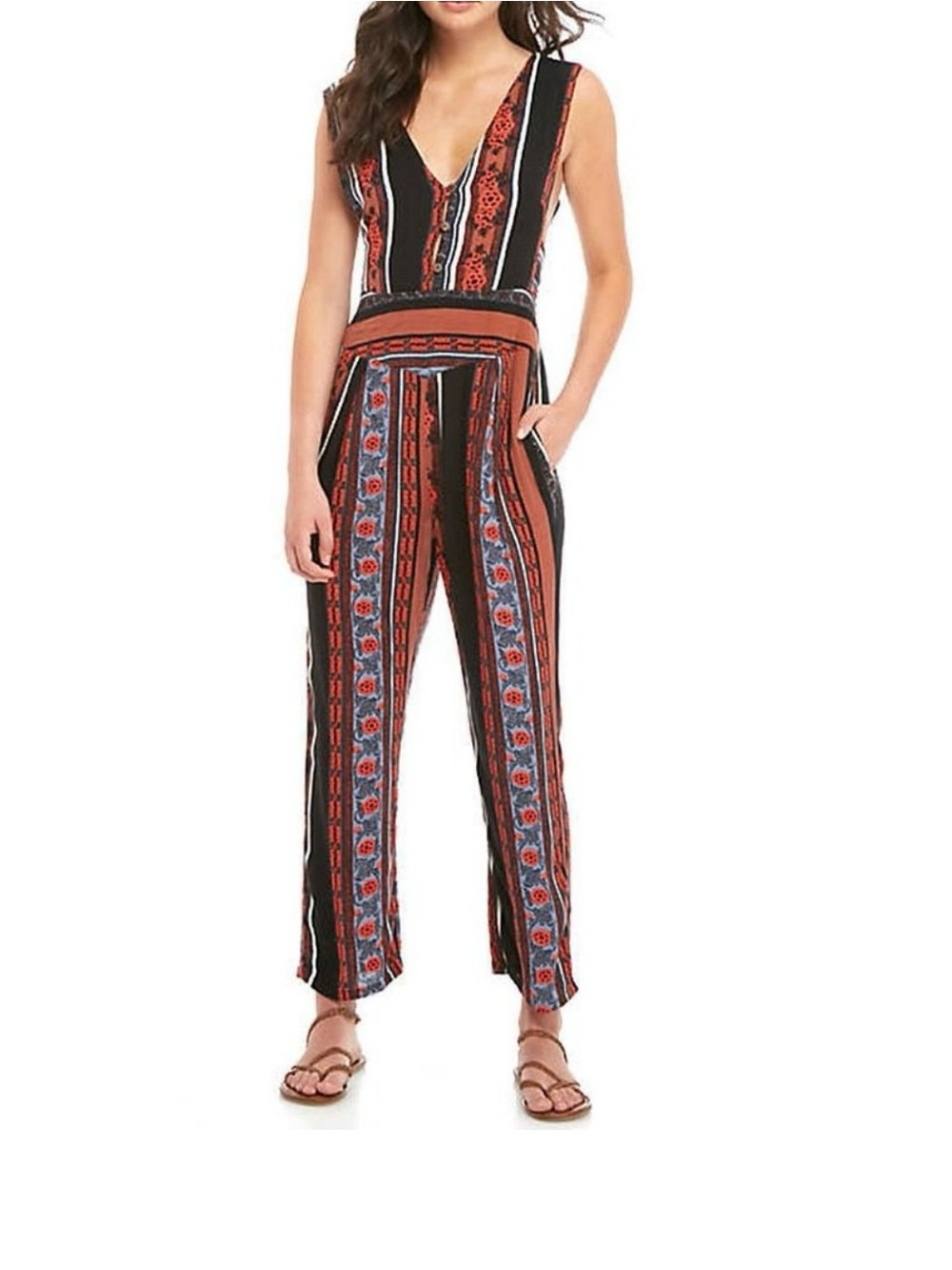 Free People Black, Rust & Blue Striped Floral V-Neck Jumpsuit